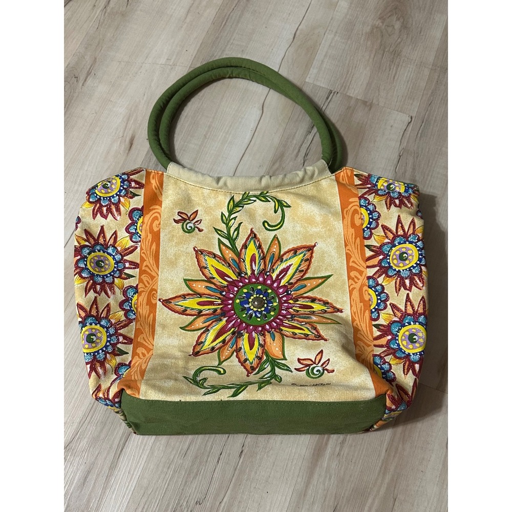 Kate McRostie Ikat Hand Painted Floral Canvas Tote Bohemian‎ Beaded